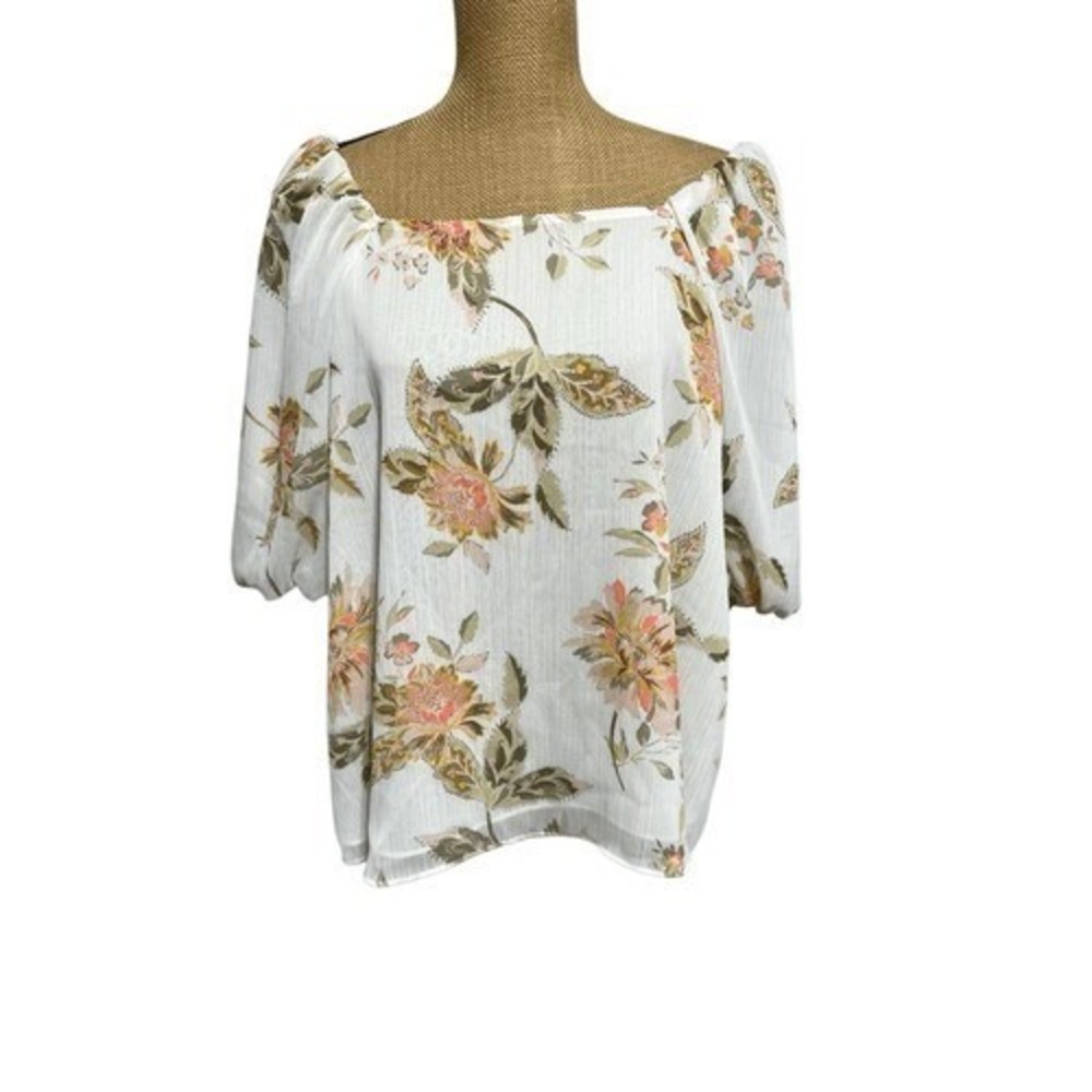 Cato Womens Off the Shoulder Blouse XL Floral White Boho Peasant Sheer Flowy Top - Picture 4 of 9